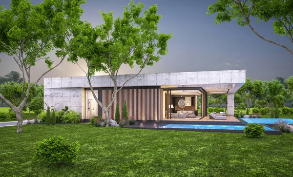 Representación Nueva Casa Hormigón Estilo Moderno Con Piscina Aparcamiento Venta — Foto de Stock