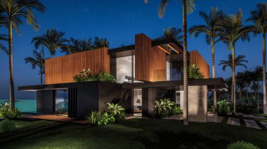 Park yeri ve havuzu olan ya da deniz ya da okyanus kıyısında ahşap cepheli modern konforlu bir ev. Tropikal adada palmiye ağaçları ve çiçeklerle masmavi sahilde yıldız ışığı gecesi