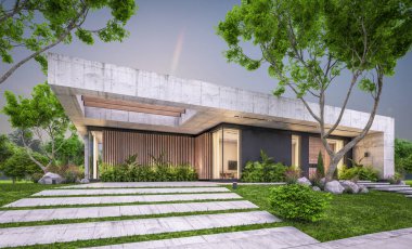 Modern tarzda yeni beton bir ev, havuz, park yeri ya da kira ve arka planda güzel bir peyzaj. Sadece bir kat. Pencerenin sıcacık ışıklarıyla berrak bir yaz akşamı