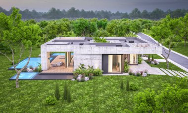 Modern tarzda yeni beton bir ev, havuz, park yeri ya da kira ve arka planda güzel bir peyzaj. Sadece bir kat. Pencerenin sıcacık ışıklarıyla berrak bir yaz akşamı