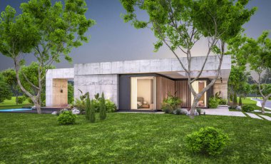 Modern tarzda yeni beton bir ev, havuz, park yeri ya da kira ve arka planda güzel bir peyzaj. Sadece bir kat. Pencerenin sıcacık ışıklarıyla berrak bir yaz akşamı