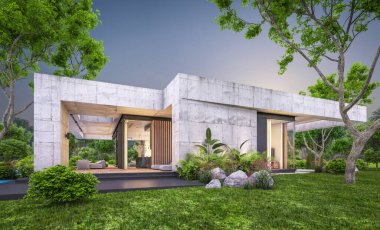 Modern tarzda yeni beton bir ev, havuz, park yeri ya da kira ve arka planda güzel bir peyzaj. Sadece bir kat. Pencerenin sıcacık ışıklarıyla berrak bir yaz akşamı