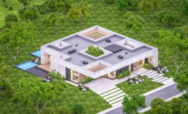 Modern tarzda yeni beton bir ev, havuz, park yeri ya da kira ve arka planda güzel bir peyzaj. Sadece bir kat. Pencerenin sıcacık ışıklarıyla berrak bir yaz akşamı