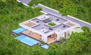 Modern tarzda yeni beton bir ev, havuz, park yeri ya da kira ve arka planda güzel bir peyzaj. Sadece bir kat. Pencerenin sıcacık ışıklarıyla berrak bir yaz akşamı