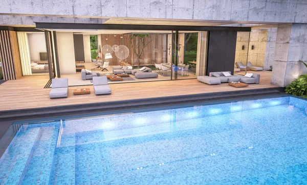 Representación Nueva Casa Hormigón Estilo Moderno Con Piscina Aparcamiento Venta — Foto de Stock