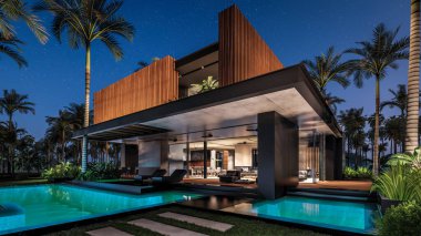 Park yeri ve havuzu olan ya da deniz ya da okyanus kıyısında ahşap cepheli modern konforlu bir ev. Tropikal adada palmiye ağaçları ve çiçeklerle masmavi sahilde yıldız ışığı gecesi