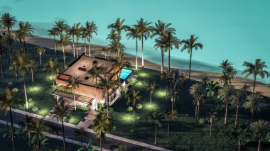 Park yeri ve havuzu olan ya da deniz ya da okyanus kıyısında ahşap cepheli modern konforlu bir ev. Tropikal adada palmiye ağaçları ve çiçeklerle masmavi sahilde yıldız ışığı gecesi