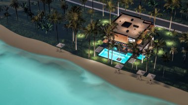 Park yeri ve havuzu olan ya da deniz ya da okyanus kıyısında ahşap cepheli modern konforlu bir ev. Tropikal adada palmiye ağaçları ve çiçeklerle masmavi sahilde yıldız ışığı gecesi