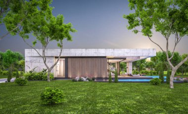 Modern tarzda yeni beton bir ev, havuz, park yeri ya da kira ve arka planda güzel bir peyzaj. Sadece bir kat. Pencerenin sıcacık ışıklarıyla berrak bir yaz akşamı