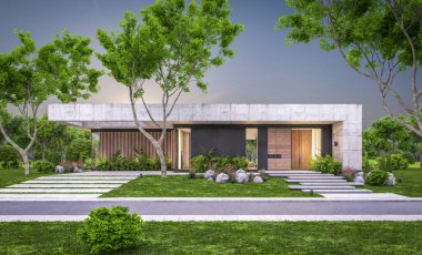 Modern tarzda yeni beton bir ev, havuz, park yeri ya da kira ve arka planda güzel bir peyzaj. Sadece bir kat. Pencerenin sıcacık ışıklarıyla berrak bir yaz akşamı