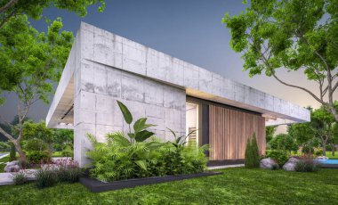 Modern tarzda yeni beton bir ev, havuz, park yeri ya da kira ve arka planda güzel bir peyzaj. Sadece bir kat. Pencerenin sıcacık ışıklarıyla berrak bir yaz akşamı