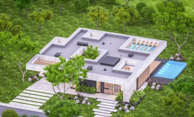 Modern tarzda yeni beton bir ev, havuz, park yeri ya da kira ve arka planda güzel bir peyzaj. Sadece bir kat. Pencerenin sıcacık ışıklarıyla berrak bir yaz akşamı