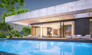 Modern tarzda yeni beton bir ev, havuz, park yeri ya da kira ve arka planda güzel bir peyzaj. Sadece bir kat. Pencerenin sıcacık ışıklarıyla berrak bir yaz akşamı