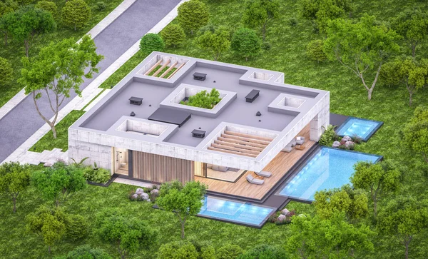 以现代风格的新混凝土房屋的3D渲染 有游泳池和停车场出售或出租 以及漂亮的背景景观 只有一楼晴朗的夏夜 窗前洒满了温馨的阳光 — 图库照片