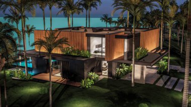 Park yeri ve havuzu olan ya da deniz ya da okyanus kıyısında ahşap cepheli modern konforlu bir ev. Tropikal adada palmiye ağaçları ve çiçeklerle masmavi sahilde yıldız ışığı gecesi
