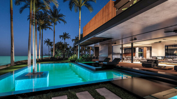 Трехмерный рендеринг современного уютного дома с парковкой и бассейном на продажу или в аренду с деревянным фасадом у моря или океана. Звездная ночь на лазурном побережье с пальмами и цветами на острове Тал