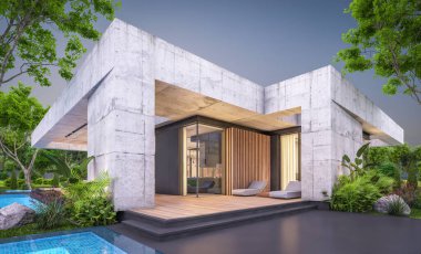 Modern tarzda yeni beton bir ev, havuz, park yeri ya da kira ve arka planda güzel bir peyzaj. Sadece bir kat. Pencerenin sıcacık ışıklarıyla berrak bir yaz akşamı