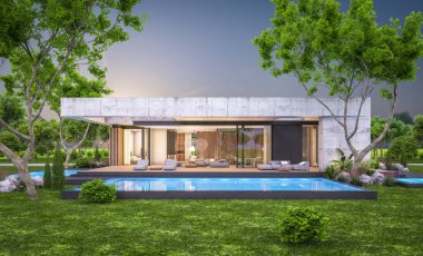 Modern tarzda yeni beton bir ev, havuz, park yeri ya da kira ve arka planda güzel bir peyzaj. Sadece bir kat. Pencerenin sıcacık ışıklarıyla berrak bir yaz akşamı