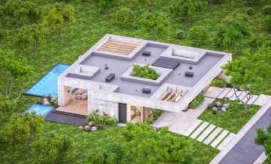 Modern tarzda yeni beton bir ev, havuz, park yeri ya da kira ve arka planda güzel bir peyzaj. Sadece bir kat. Pencerenin sıcacık ışıklarıyla berrak bir yaz akşamı