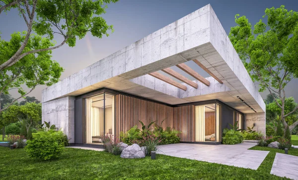 Representación Nueva Casa Hormigón Estilo Moderno Con Piscina Aparcamiento Venta — Foto de Stock