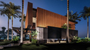 Park yeri ve havuzu olan ya da deniz ya da okyanus kıyısında ahşap cepheli modern konforlu bir ev. Tropikal adada palmiye ağaçları ve çiçeklerle masmavi sahilde yıldız ışığı gecesi