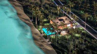 Park yeri ve havuzu olan ya da deniz ya da okyanus kıyısında ahşap cepheli modern konforlu bir ev. Tropikal adada palmiye ağaçları ve çiçeklerle masmavi sahilde yıldız ışığı gecesi