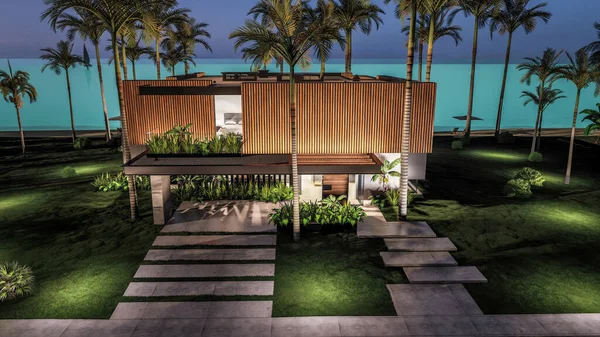 3D提供现代化舒适的房子 设有停车场和游泳池供出售或租用 或在海边或海边设有木板立面 热带岛屿上的星夜 碧绿的海岸上 长着棕榈树和花朵 — 图库照片