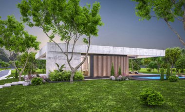 Modern tarzda yeni beton bir ev, havuz, park yeri ya da kira ve arka planda güzel bir peyzaj. Sadece bir kat. Pencerenin sıcacık ışıklarıyla berrak bir yaz akşamı