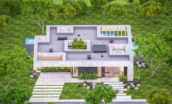 Rendering Van Nieuwe Betonnen Huis Moderne Stijl Met Zwembad Parkeerplaats — Stockfoto