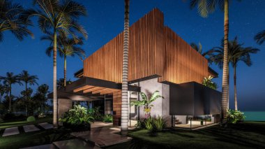 Park yeri ve havuzu olan ya da deniz ya da okyanus kıyısında ahşap cepheli modern konforlu bir ev. Tropikal adada palmiye ağaçları ve çiçeklerle masmavi sahilde yıldız ışığı gecesi