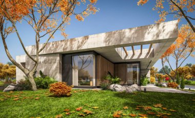 Modern tarzda yeni beton bir ev, havuz, park yeri ya da kira ve arka planda güzel bir peyzaj. Evin sadece bir katı var. Altın yapraklı güneşli bir sonbahar günü.