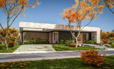 Modern tarzda yeni beton bir ev, havuz, park yeri ya da kira ve arka planda güzel bir peyzaj. Evin sadece bir katı var. Altın yapraklı güneşli bir sonbahar günü.