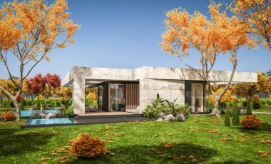 Modern tarzda yeni beton bir ev, havuz, park yeri ya da kira ve arka planda güzel bir peyzaj. Evin sadece bir katı var. Altın yapraklı güneşli bir sonbahar günü.