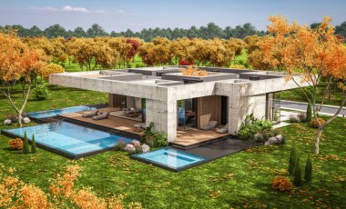 Modern tarzda yeni beton bir ev, havuz, park yeri ya da kira ve arka planda güzel bir peyzaj. Evin sadece bir katı var. Altın yapraklı güneşli bir sonbahar günü.