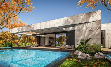 Modern tarzda yeni beton bir ev, havuz, park yeri ya da kira ve arka planda güzel bir peyzaj. Evin sadece bir katı var. Altın yapraklı güneşli bir sonbahar günü.