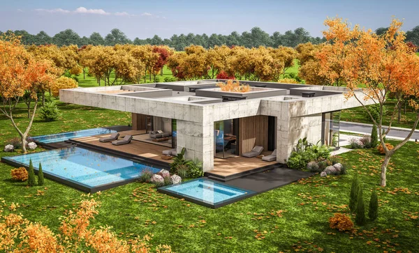 Rendering New Concrete House Modern Style Pool Parking Sale Rent — Stockfoto