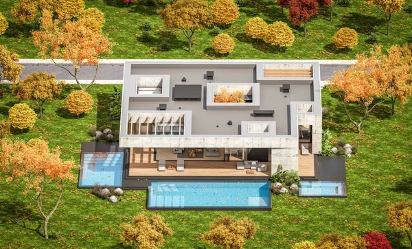 Rendering Von Neuen Betonhaus Modernen Stil Mit Pool Und Parkplatz — Stockfoto