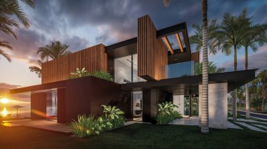 Park yeri ve havuzu olan ya da deniz ya da okyanus kıyısında ahşap cepheli modern konforlu bir ev. Tropikal adada palmiye ağaçları ve çiçeklerle masmavi sahilde gün batımı