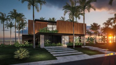 Park yeri ve havuzu olan ya da deniz ya da okyanus kıyısında ahşap cepheli modern konforlu bir ev. Tropikal adada palmiye ağaçları ve çiçeklerle masmavi sahilde gün batımı