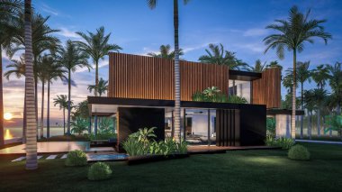 Park yeri ve havuzu olan ya da deniz ya da okyanus kıyısında ahşap cepheli modern konforlu bir ev. Tropikal adada palmiye ağaçları ve çiçeklerle masmavi sahilde gün batımı