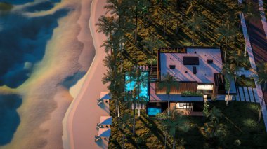 Park yeri ve havuzu olan ya da deniz ya da okyanus kıyısında ahşap cepheli modern konforlu bir ev. Tropikal adada palmiye ağaçları ve çiçeklerle masmavi sahilde gün batımı