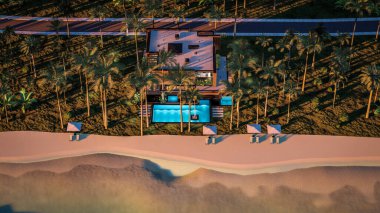 Park yeri ve havuzu olan ya da deniz ya da okyanus kıyısında ahşap cepheli modern konforlu bir ev. Tropikal adada palmiye ağaçları ve çiçeklerle masmavi sahilde gün batımı