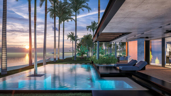 Трехмерный рендеринг современного уютного дома с парковкой и бассейном на продажу или в аренду с деревянным фасадом у моря или океана. Закатный вечер у лазурного побережья с пальмами и цветами на острове Эль