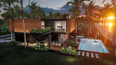 Park yeri ve havuzu olan ya da deniz ya da okyanus kıyısında ahşap cepheli modern konforlu bir ev. Tropikal adada palmiye ağaçları ve çiçeklerle masmavi sahilde gün batımı