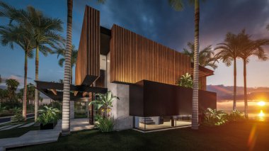 Park yeri ve havuzu olan ya da deniz ya da okyanus kıyısında ahşap cepheli modern konforlu bir ev. Tropikal adada palmiye ağaçları ve çiçeklerle masmavi sahilde gün batımı