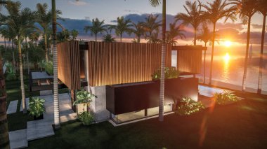 3d rendering of modern cozy house with parking and pool for sale or rent with wood plank facade by the sea or ocean. Sunset evening by the azure coast with palm trees and flowers in tropical island