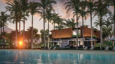 Park yeri ve havuzu olan ya da deniz ya da okyanus kıyısında ahşap cepheli modern konforlu bir ev. Tropikal adada palmiye ağaçları ve çiçeklerle masmavi sahilde gün batımı