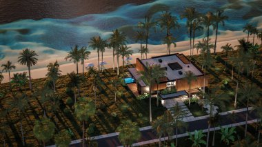 Park yeri ve havuzu olan ya da deniz ya da okyanus kıyısında ahşap cepheli modern konforlu bir ev. Tropikal adada palmiye ağaçları ve çiçeklerle masmavi sahilde gün batımı