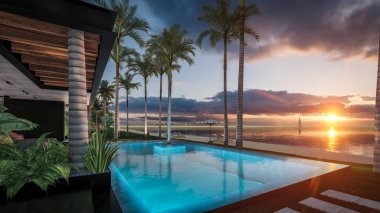 Park yeri ve havuzu olan ya da deniz ya da okyanus kıyısında ahşap cepheli modern konforlu bir ev. Tropikal adada palmiye ağaçları ve çiçeklerle masmavi sahilde gün batımı