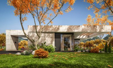 Modern tarzda yeni beton bir ev, havuz, park yeri ya da kira ve arka planda güzel bir peyzaj. Evin sadece bir katı var. Altın yapraklı güneşli bir sonbahar günü.